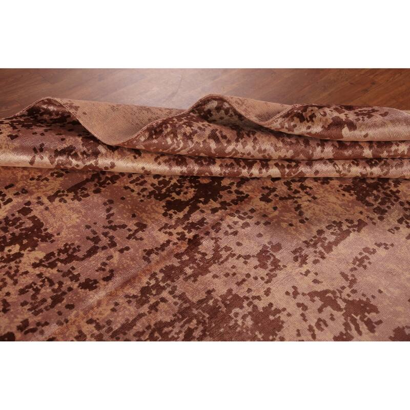 Contemporary Abstract Indian Area Rug Handmade Brown Wool Carpet - 6'8"x 9'10"