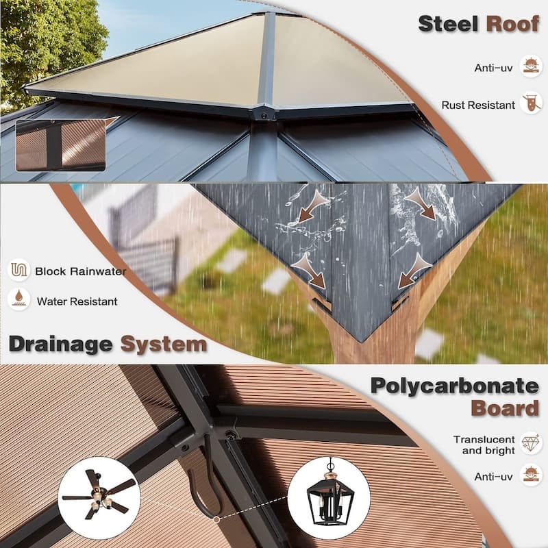 Outdoor Galvanized Steel Roof Gazebo Pergola w Wooden Coated Alumninum Frame, Privacy Curtains and Nettings Include