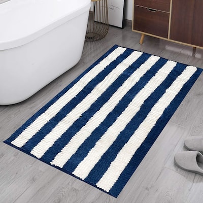 36"x24" - Blue White Stripe Soft Cozy Plush Chenille Bath Mat Bathroom Rug