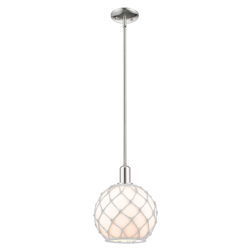 Innovations Lighting Endless Possibilities Arcadia - Farmhouse Rope - 1 Light 10" Stem Hung Mini Pendant - White Glass with Brown Rope/Polished Nickel
