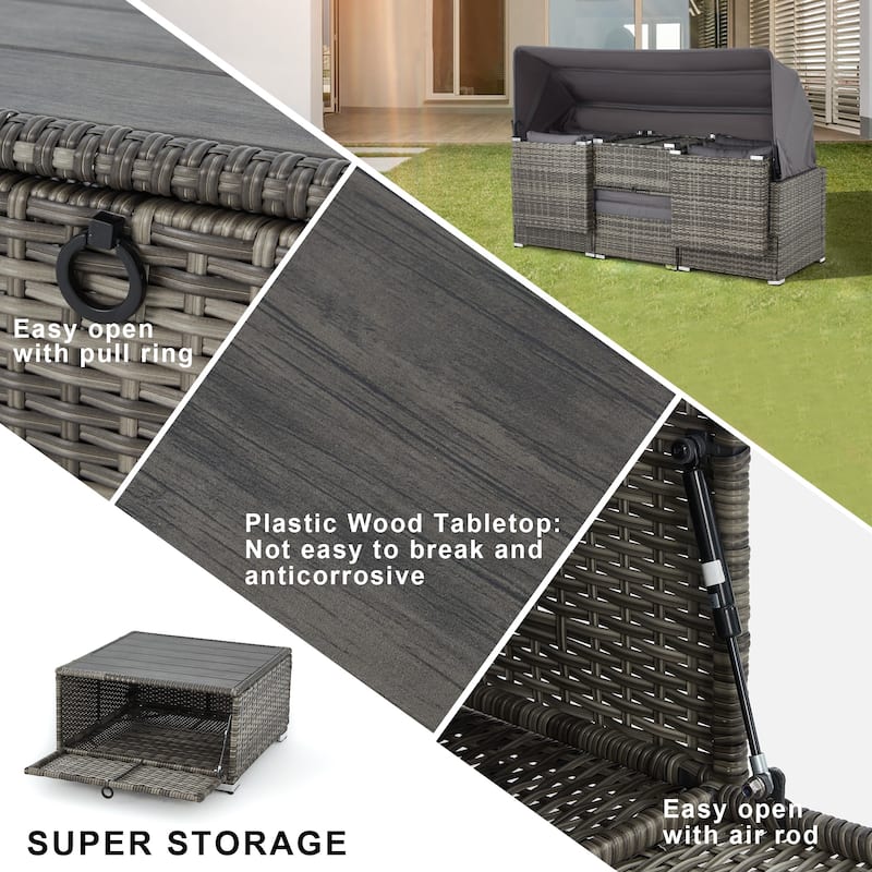 EROMMY 6-Piece Patio Furniture Set, Rattan Daybed with Canopy and Adjustable Backrest