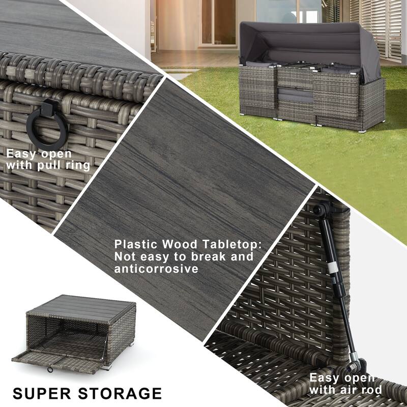 Erommy 6-Piece Patio Set - Rattan Daybed with Canopy & Adjustable Backrest