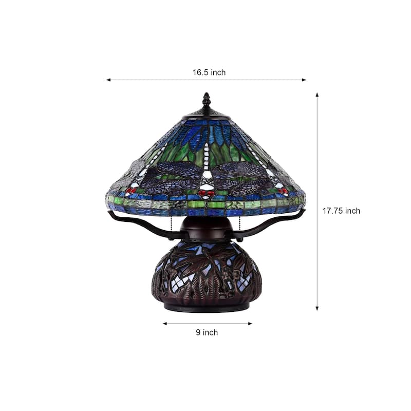 Shulba Dragonfly Base and Shade 2-Light Table Lamp Blue Tiffany Style Glass