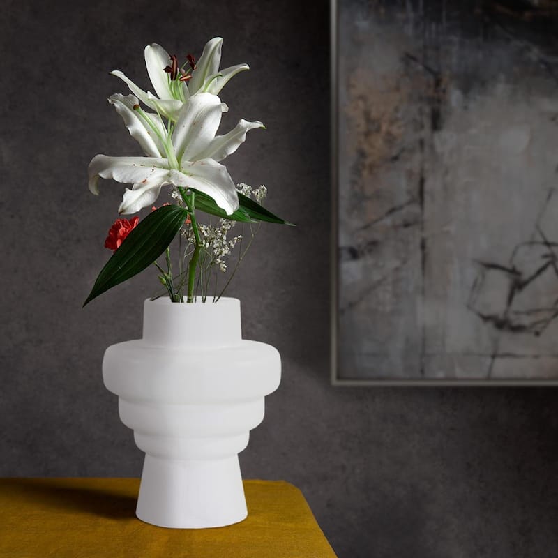 Allan Andrews Matte White Cylindrical Rounded Curved Ceramic Vase Collection