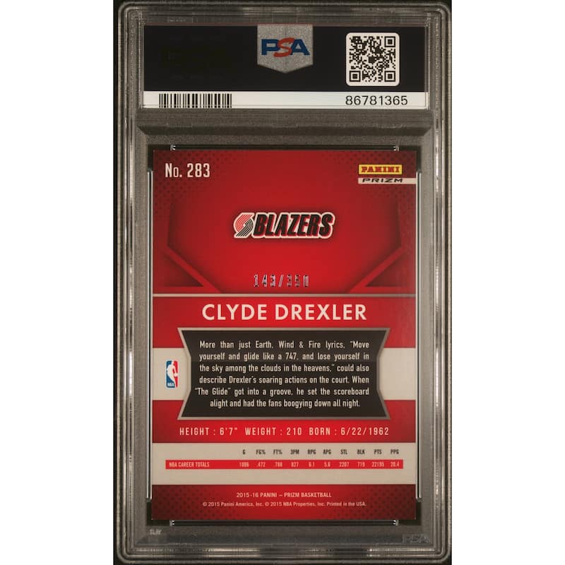 Clyde Drexler 2015 Panini Prizm Ruby Wave Red Card #283 Auto PSA 8 143/350 - 8'6" x 11'6"