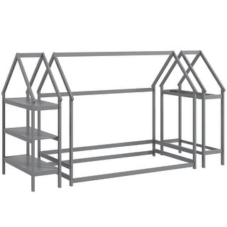 Twin Size Montessori Floor House Bed with Detachable Storage Shelves and Clothes Hanging Rack