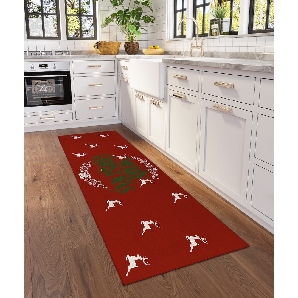 Indoor/ Outdoor Cozy Winter Red Washable Merry Christmas Rug