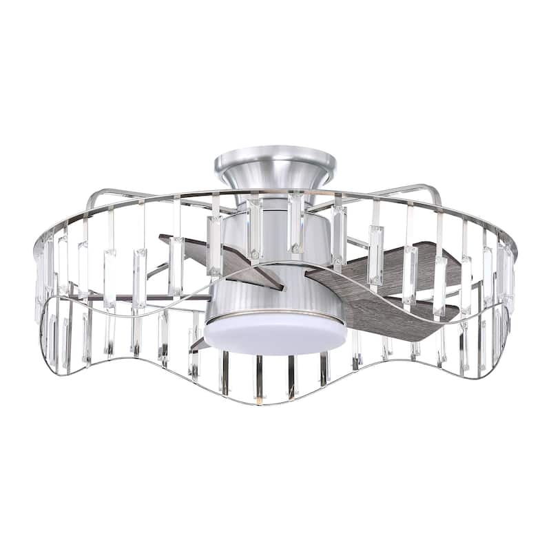 27" Modern Flush Mount Ceiling Fan Caged Crystal Fandelier Low Profile Ceiling Fan in Brushed Nicke