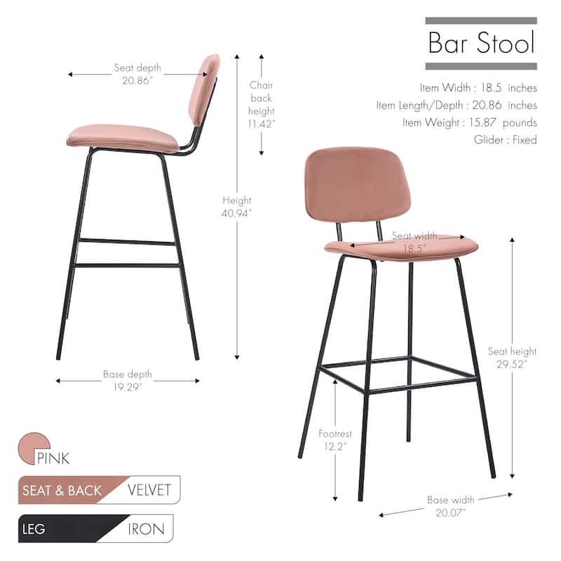 Porthos Home Soren Bar Stools Set Of 2, Velvet Upholstery, Iron Legs