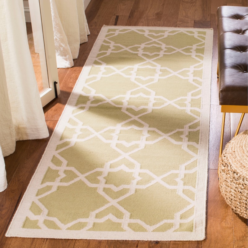 SAFAVIEH Handmade Flatweave Dhurries Tjanka Modern Wool Rug - 2'6" x 12' Runner - Olive/Ivory