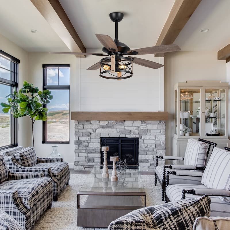 52-inch Walnut Wood 5-Blade Industrial Indoor Ceiling Fan with Remote