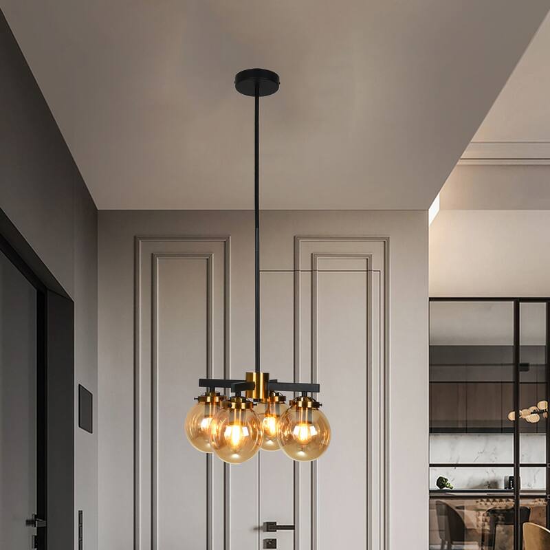 Cindar Black+Antique Brass 4-Light Clear Glass Shades Chandelier