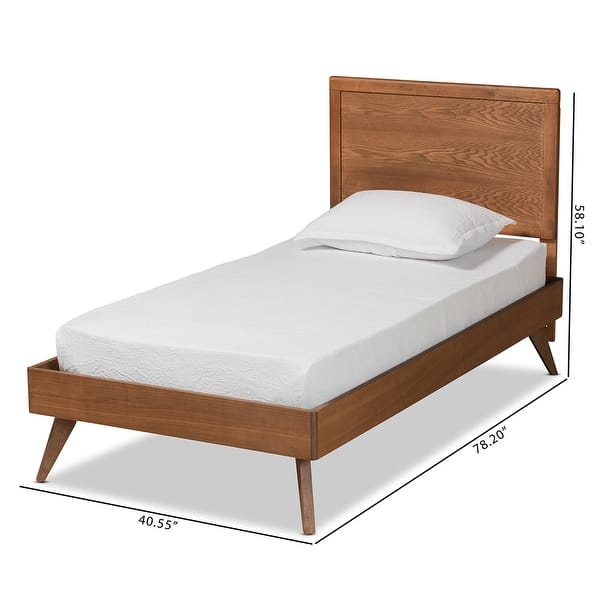 dimension image slide 1 of 6, Jiro Platform Bed - Mid-Century Modern Wood Bed Frame with Panel Headboard and Angled Legs for Bedroom or Guest Room
