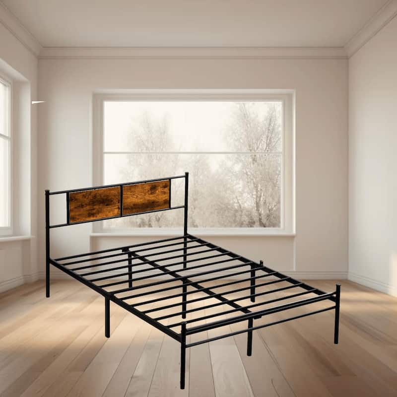 Metal Platform Bed Frame with Headboard and Wood Panel Decoration, Twin, Full, and Queen Sizes Bedroom Furniture - Black+Brown - Full