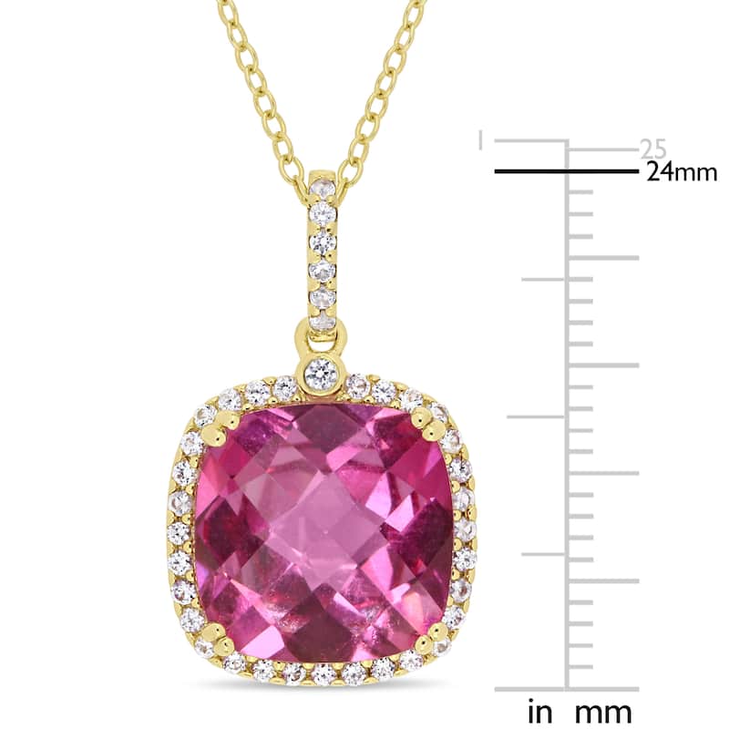 Miadora Yellow Plated Sterling Silver Pink Topaz and White Sapphire Halo Drop Necklace