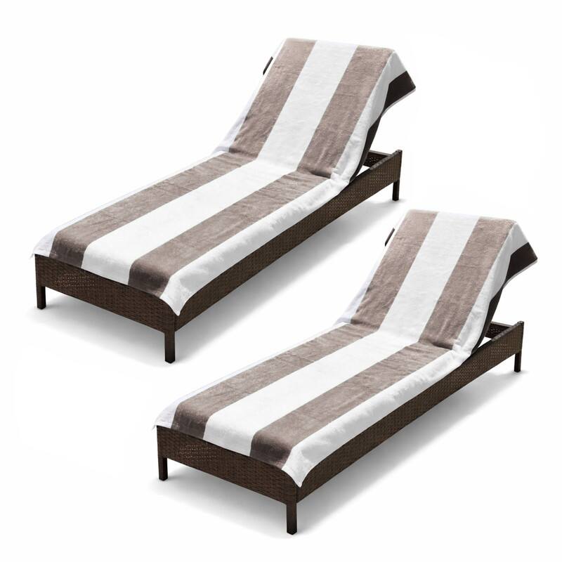 100% Cotton Cabana‑Stripe Lounge Chair Cover Terry Towel with Fitted Pocket & Back Flap Set of 2
