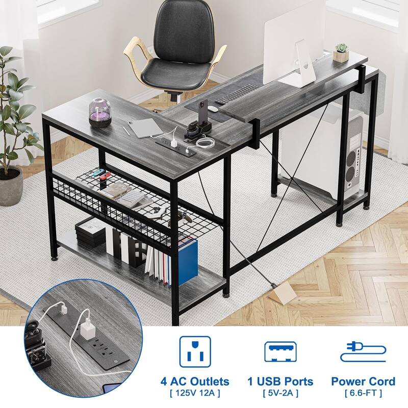 L Shaped Computer Desk with Power Outlets & LED Light, 49.6" Reversible Corner Computer Desk