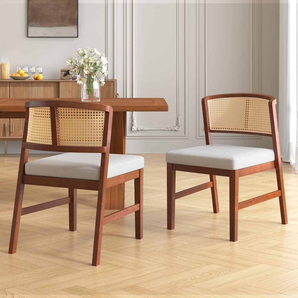 Set of 2 Rattan Dining Chairs - Fabric Upholstered Seat, Curved Rattan Back & Hardwood Frame, Armless