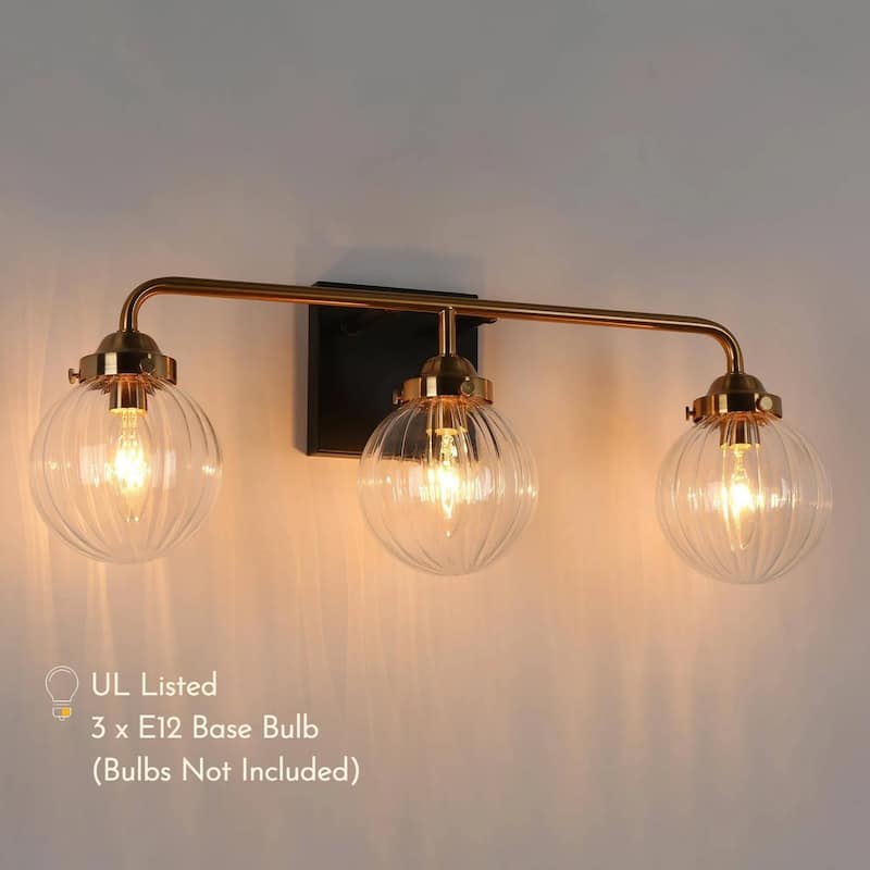 Modern Black Gold 3-Light Bathroom Vanity Light Wall Sconces with Ribbed Glass - L 21.5" x W 6.5" x H 8"