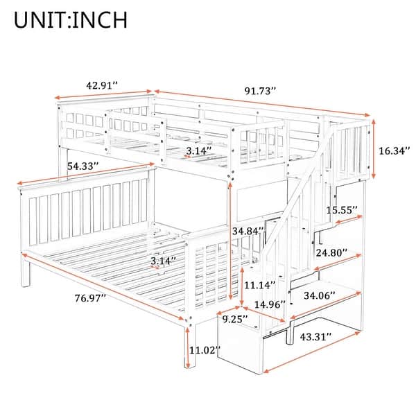 Solid Wood Twin Over Full Size Bunk Bed w/Storage Stairs and Guardrail ...