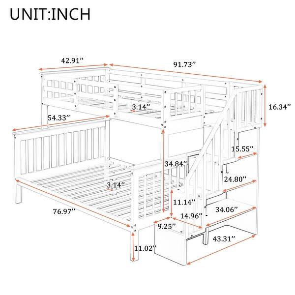 Twin Over Full Wooden Bunk Bed,Storage Shelf with Staircase,Full-Length Guardrail