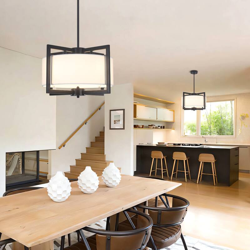 Modern 4 Light Pendant with Fabric Shade and Adjustable Height Metal Pole Light Bulb Not Included