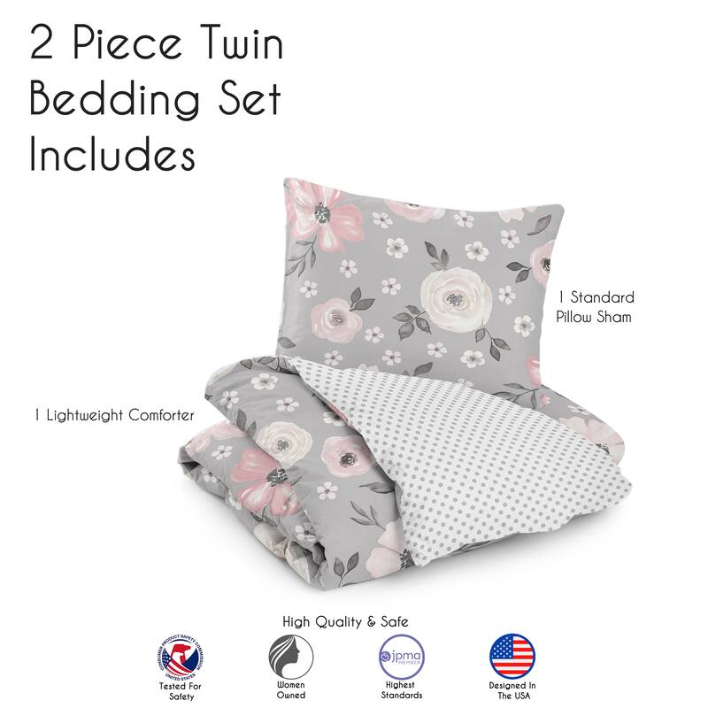 Grey Watercolor Floral Girl 2pc Twin-size Comforter Set - Blush Pink Gray White Shabby Chic Rose Flower Polka Dot Farmhouse