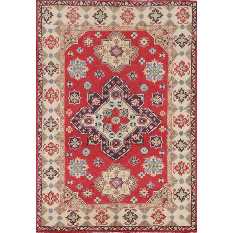 Geometric Kazak Area Rug Handmade Oriental Red Wool Carpet - 4'9" x 6'9"