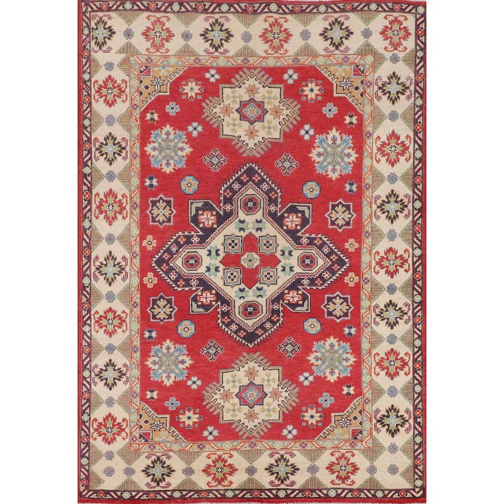 Geometric Kazak Area Rug Handmade Oriental Red Wool Carpet - 4'9" x 6'9"