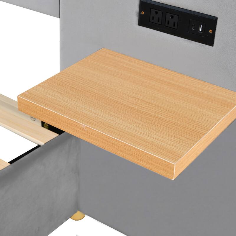 Upholstered Platform Bed with Two Bedside Pillows, Two Outlets and USB Charging Ports