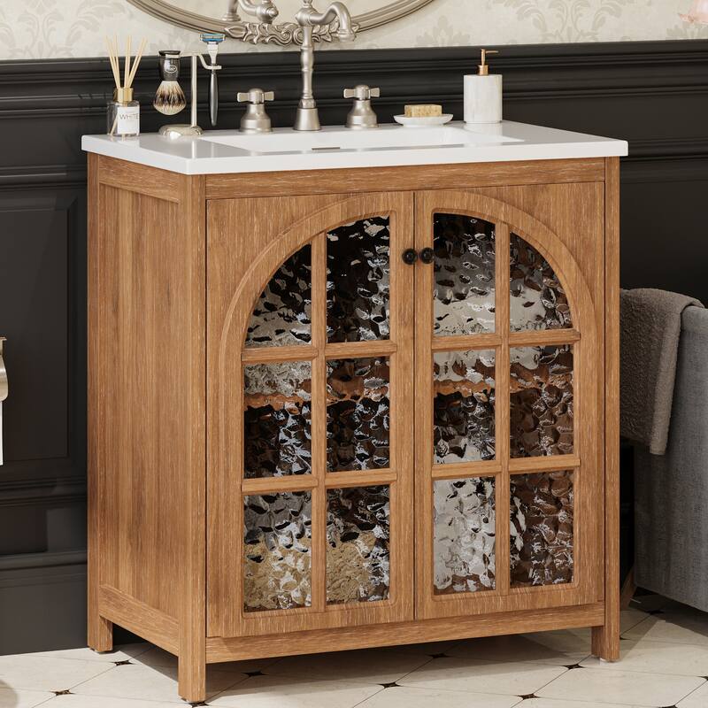 31" Farmhouse Bathroom Vanity with Ceramic Sink, Vintage Rustic Bathroom Cabinet with Bronze Pulls and 2 Soft-Closing Doors - Antique Natural