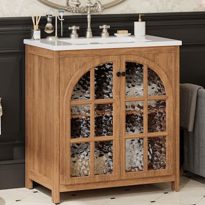 31" Farmhouse Bathroom Vanity with Ceramic Sink, Vintage Rustic Bathroom Cabinet with Bronze Pulls and 2 Soft-Closing Doors