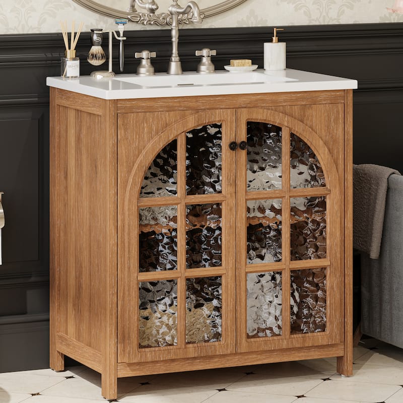 Roomfitters 31" Farmhouse Bathroom Vanity with Ceramic Sink, Rustic Cabinet with Bronze Pulls and Soft-Closing Doors
