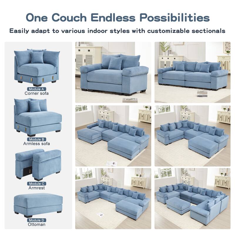 GDFStudio - Corduroy 5-Seater 154.6" Cloud Modular Sectional Couch with Ottoman