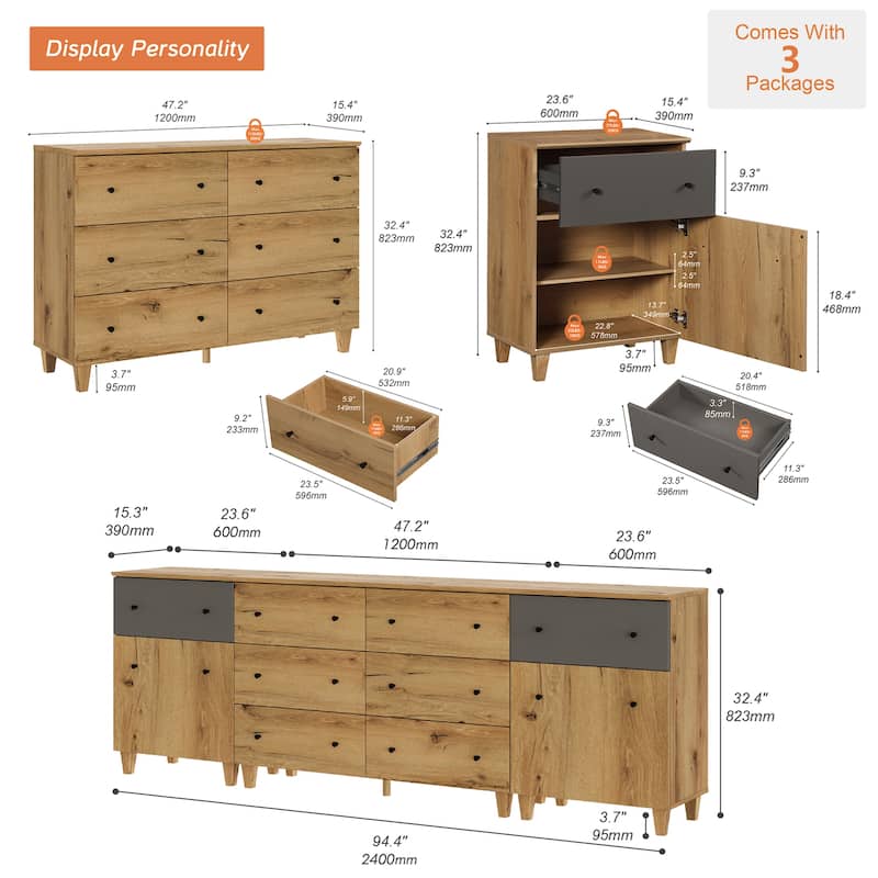 3-in-1 TV Stand Cabinets with Doors and Drawers for 100 Inches TVs