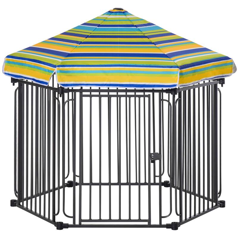 Outdoor Dog Playpen Pet Cage Kennel Puppy Exercise Fence Barrier with Weather-Resistant Polyester Roof Dog House