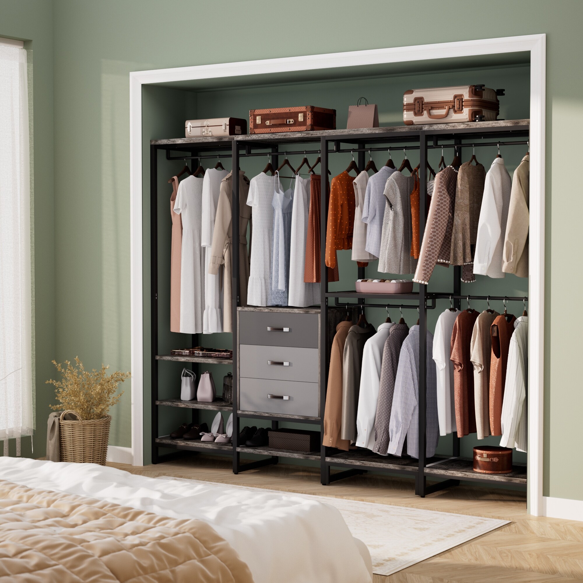 G907524 クローゼット Rackcog 74-148'' W Closet System with 3 Wood Drawers and 11-Tier