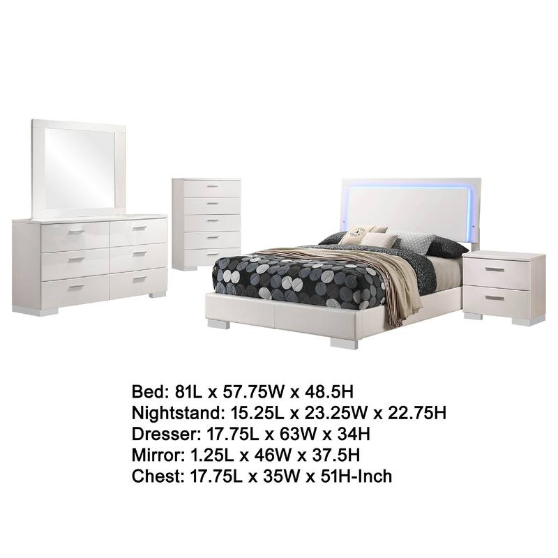 Sok 5pc Full Bedroom Set with Blue LED Lights, White High Gloss Wood