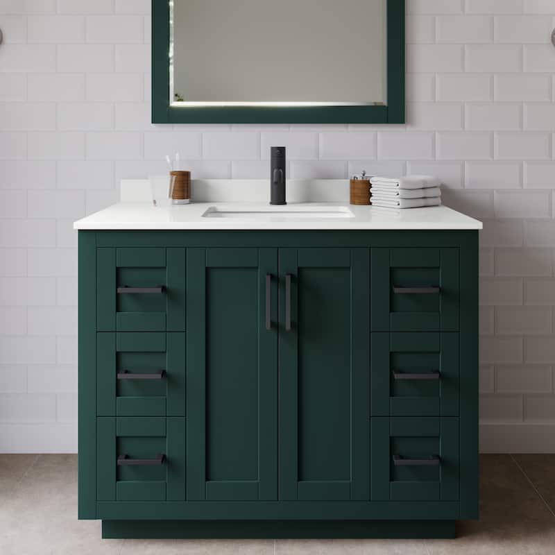 Wyndham Collection WCF292942S-QTZ-UNSMXX Miranda 42" Free Standing - Green / White Quartz Top / Matte Black Hardware