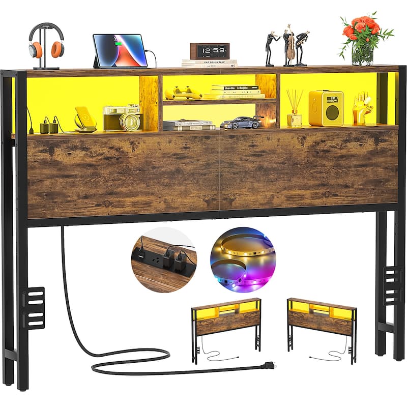 Headboard with Storage and Charge Station, Platform Bed Heaboard with LED Lights
