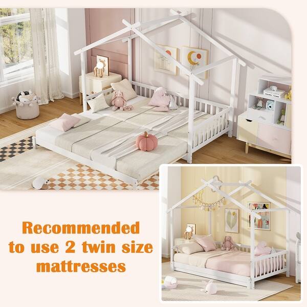 dimension image slide 3 of 4, Extendable House Bed Twin to King Daybed with Roof and Fence Rails
