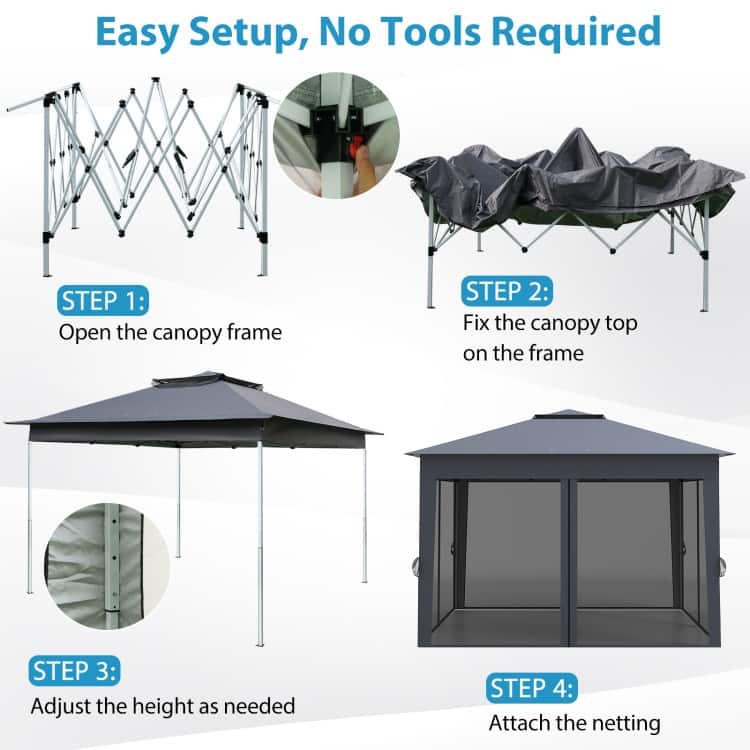 11x11 FT Pop-Up Canopy Tent with Mesh Sidewalls Adjustable Height Outdoor Gazebo