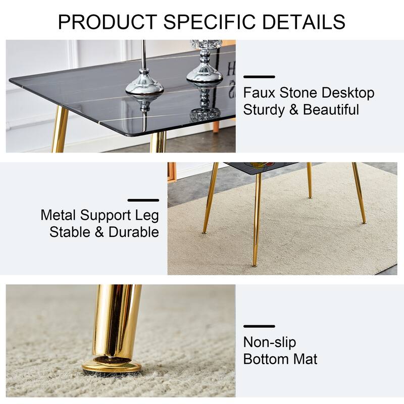 51" Tempered Glass Dining Table, Rectangular Living Room Table with Faux marble Tabletop and Metal Legs and Non-Slip Feet
