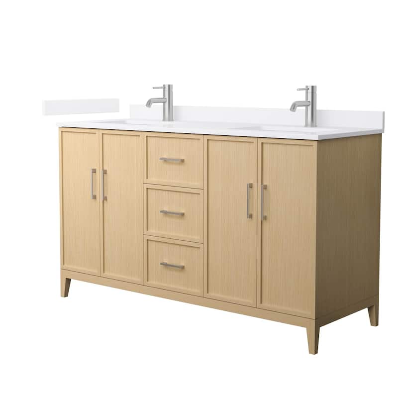 Elan 60-inch Double Vanity, Single Hole Quartz Top - White Oak, Nickel Trim, White Quartz Top