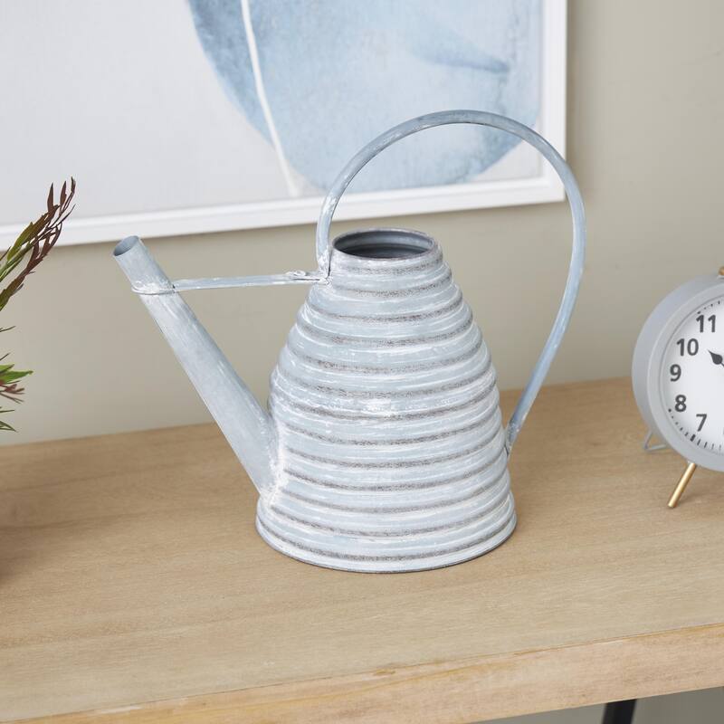 Metal Watering Can Beehive Shaped Watering Can Indoor Outdoor Planter with Large Loop Handle - Gray or Cream - Roche River Decor