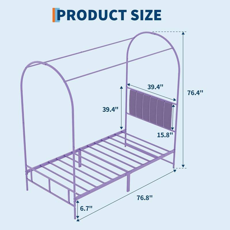 Twin Canopy Bed Frame, with Upholstered Headboard