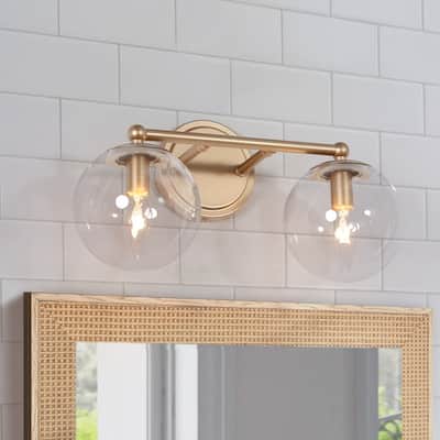 Modern Gold 2-Light Bathroom Vanity Lights Globe Glass Wall Sconces - Gold/ Clear - L 15"xW 8"xH 8"