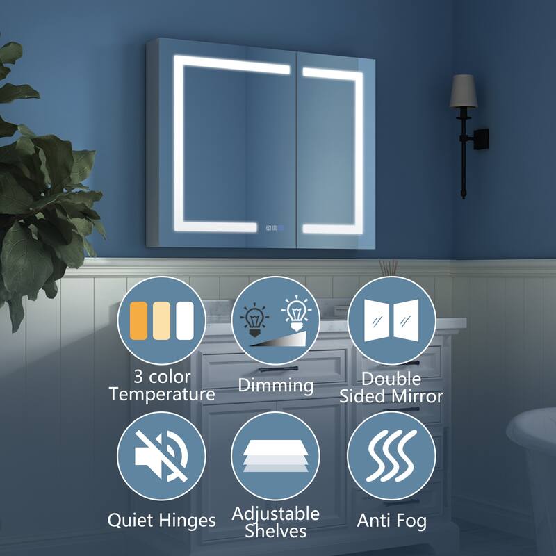 ExBrite LED Lighted Bathroom Medicine Cabinet with Mirror,Recessed or Surface Mount, Defog