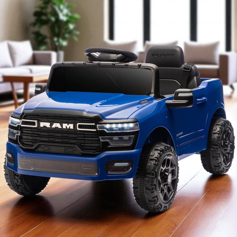 Licensed Dodge RAM 3500 12V Kids Ride On Truck with Remote Control, Dual Motors, Suspension, LED Lights & Music Player - Blue
