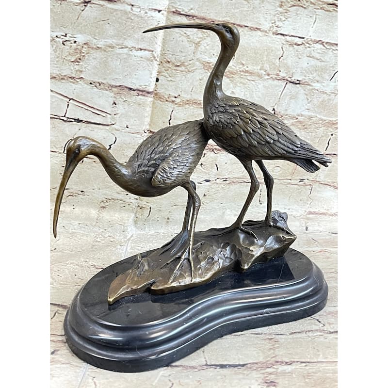 Original Signed Two Wildlife Crane Cranes Pond Garden Bronze Statue Sculpture